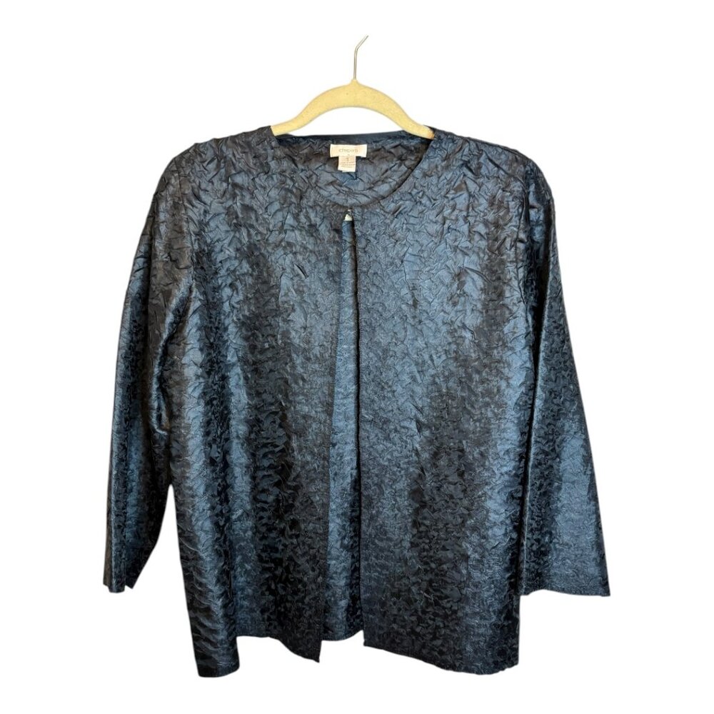 Chico's Jacket Women's Size Medium 3/4 sleeve textured Formal Navy Chicos‎ 1
